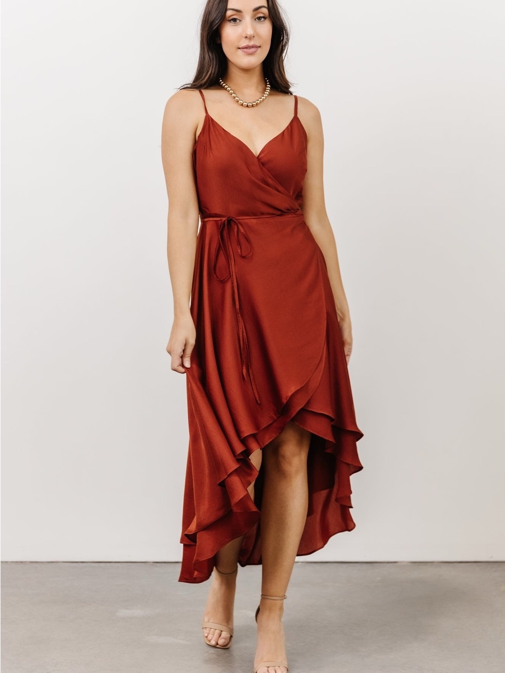 Baltic Born Rust Satin Wrap Midi Dress with Ruffle High-Low Hem